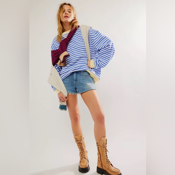 NWOT✨Free People Classic Striped Oversized Crewneck🩵💛 - Picture 3 of 5